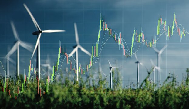 Wind turbines in a field overlaid with a fluctuating green and red stock market graph under a dramatic sky