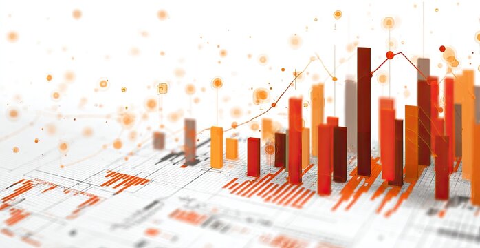 3D bar graph and line chart rise over data sheet; orange and brown tones; data points float; abstract background