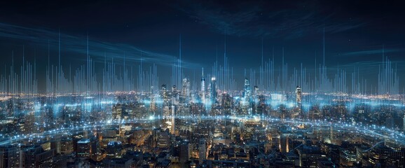Night cityscape with ethereal blue data streams overlaying buildings, creating a futuristic, vibrant, and technologically advanced aesthetic
