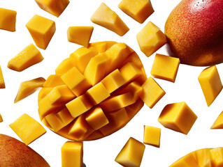 Mango and diced fruit arrangement food bright isolated on transparent background, png