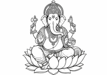 Line Art of Lord Ganesha Sitting on a Lotus – Black and White PNG Illustration