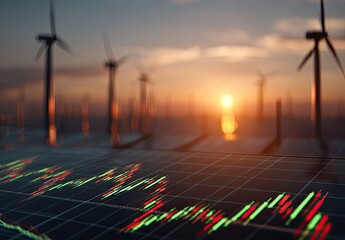 Sunset over a wind farm with overlaid stock market data displayed on a dark surface, suggesting renewable energy investment