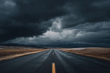 A dark, ominous sky looms over a flat, empty highway stretching towards distant, snow-capped mountains under a stormy, brooding sky