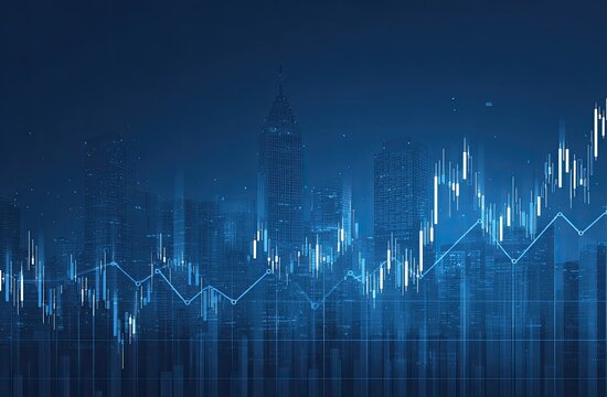 Night cityscape overlaid with dynamic, glowing blue stock market candlestick charts and trend lines, suggesting financial growth and urban development