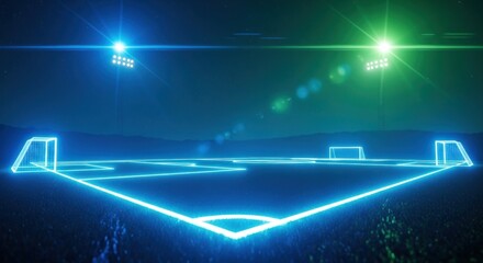 A futuristic soccer field glows under vibrant neon lights at night.