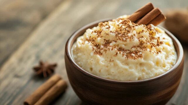 Creamy rice pudding topped with cinnamon sticks and grated nutmeg