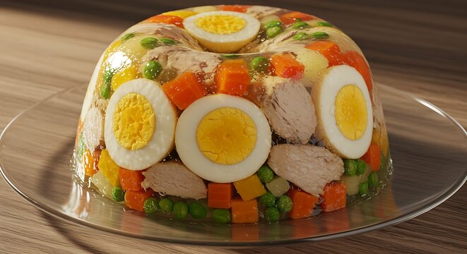 Savory Chicken and Vegetable Aspic with Eggs.