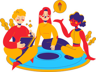 Three diverse friends are sitting together on a circular mat, engaged in conversation, with one person holding a tablet and another thinking about ice cream.
