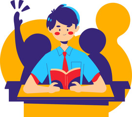 A young student with a bright smile sits at a desk, engrossed in reading a book, with another student's raised hand visible behind him, signifying participat...