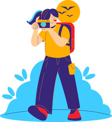 A young person with a backpack taking a picture with a camera, under a bright sun.