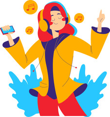 A joyful woman with closed eyes, listening to music, dancing, holding a phone.