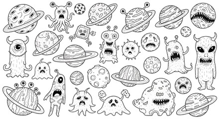 A Whimsical Collection of Cartoon Aliens and Planets, Illustrated in Black and White