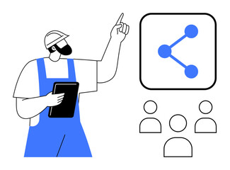 Engineer with clipboard pointing at a sharing icon, symbolizing teamwork, networking, communication, presentation, digital integration, education, and organization. Ideal for simple landing page