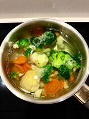 Fresh Vegetables Cooking in Stainless Steel Pot