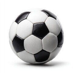Classic black-and-white soccer ball, pentagonal panels, isolated on white background, subtle shadow