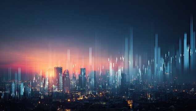 City skyline at dawn with digital overlay