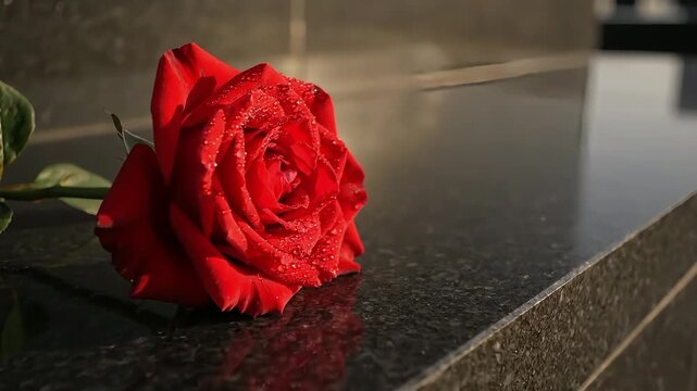 patriot day red rose on dark granite memorial stone
