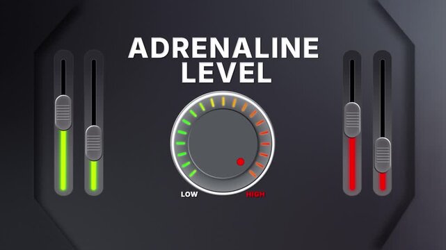 Animation of Adrenaline level on a circular gauge moving from low to high and back. Can be used to show increase or decrease. Perfect for health, fitness, or data content.
