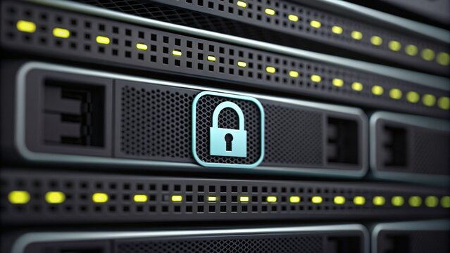 Server room access control, A close-up view of a secure server rack featuring a padlock symbol, highlighting cybersecurity and data protection in modern technology.