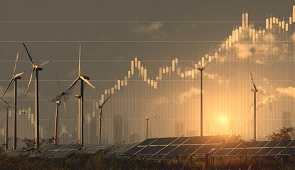 Wind turbines and solar panels with financial chart overlay at sunset