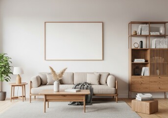 Modern Japandi Living Room with Beige Sofa, Wooden Furniture, and Blank Wall Art Frame