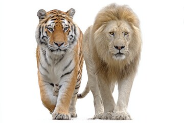 Obraz premium Lion and tiger walking side by side isolated on white background close-up