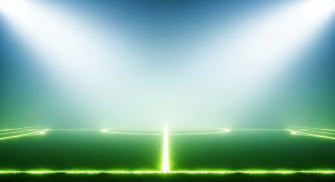 Empty soccer field bathed in bright spotlights, illuminated by vibrant lime-green lines, creating a dramatic and energetic atmosphere. - Powered by Adobe