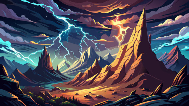 Lightning Striking Dramatic Mountain Backdrop
Thunder shakes the heavens, jagged lightning crowns rocky peaks, storm clouds swirl above towering cliffs, raw power electrifies the landscape, untamed fu