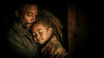 Loving moment between father and daughter in the living room, showing affection and tenderness with eyes closed