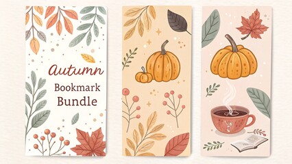 Charming watercolor autumn bookmarks featuring pumpkins leaves and cozy hot beverages for fall reading