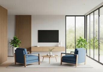 Modern minimalist living room interior with two blue armchairs, a wooden TV console, slat wall accents, and large isolated overlooking a lush garden.