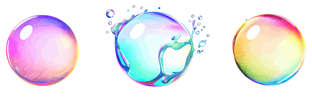 Colorful realistic soap bubbles with glossy rainbow reflections isolated on white background in minimal style set including bursting bubble with splash droplets vector illustration