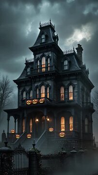 Eerie Old Haunted House with Jack-o'-Lanterns and Foggy Night