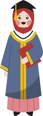 A smiling Muslim woman wearing a graduation cap and gown, holding a book, representing academic achievement and education.