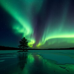 Naklejka premium Vibrant green aurora borealis dances in the starry night sky over a frozen lake