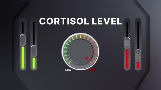Animation of Cortisol level on a circular gauge moving from low to high and back. Can be used to show increase or decrease. Perfect for health, fitness, or data content.