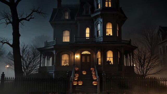 Old Gothic Victorian Haunted Mansion with Jack-o'-Lanterns and Foggy Night