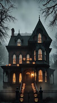 Old Spooky Haunted Victorian House with Glowing Pumpkins at Night