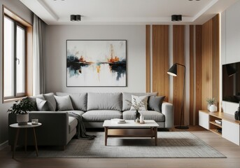 Fototapeta premium Modern Living Room Interior with Grey Sectional Sofa, Wooden Wall Paneling, Abstract Artwork, and Contemporary Furniture, Featuring Natural Light and Stylish Decor