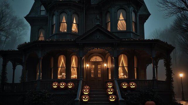 Dark, Eerie, Victorian Haunted Mansion with Jack-o'-Lanterns and Fog