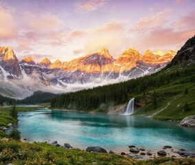 Breathtaking mountain landscape with serene lake and vibrant sunset reflections in the sky, perfect for nature lovers and travel enthusiasts - AI Generated Digital Art