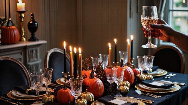 Autumn Halloween Dinner Party Table Setting with Pumpkins and Candles
