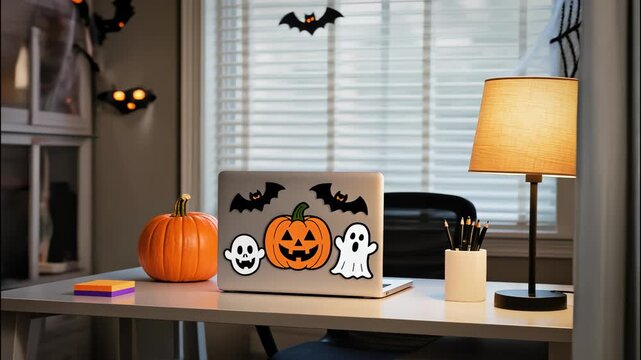 Cozy Halloween Office Decor with a Pumpkin and Spiders
