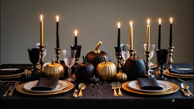 Luxurious Halloween Table Decor with Golden Pumpkins and Lit Candles