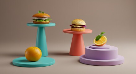 Vibrant Still Life Featuring Burgers and Citrus Fruits on Pedestals