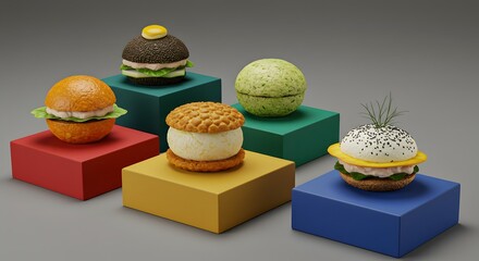 Miniature Food Creations Displayed on Colorful Cubes