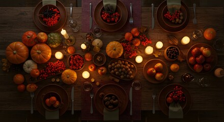 Elegant Harvest Table Setting with Warm Candlelight and Autumn Bounty