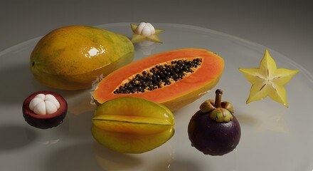 Assortment of Tropical Fruits on a White Surface