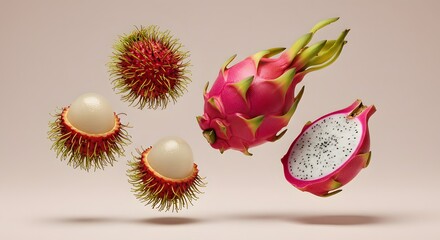 Exotic Fruits Lychee and Dragon Fruit Composition Isolated on Pink Background
