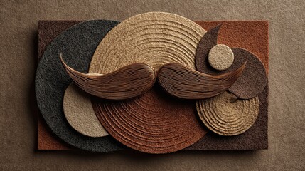 Father's day decoration elements featuring felt circles, wooden letters, and mustache on wooden background